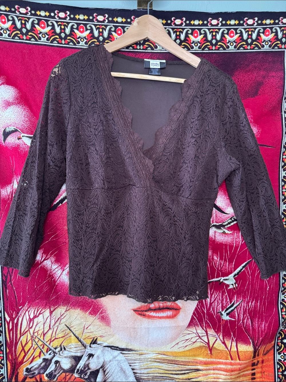 Y2k Studio 1940 Dark Brown Lace V-Neck Blouse Whimsy Fairycore